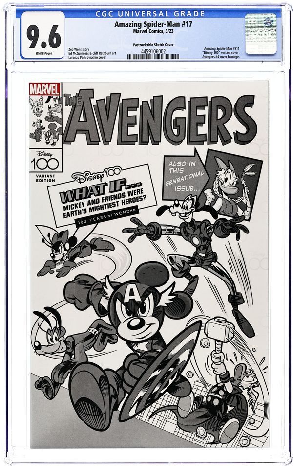 AMAZING SPIDER-MAN (2022) #17E CGC 9.6 – LORENZO PASTROVICCHIO DISNEY100 BLACK & WHITE 1:100 INCENTIVE VARIANT