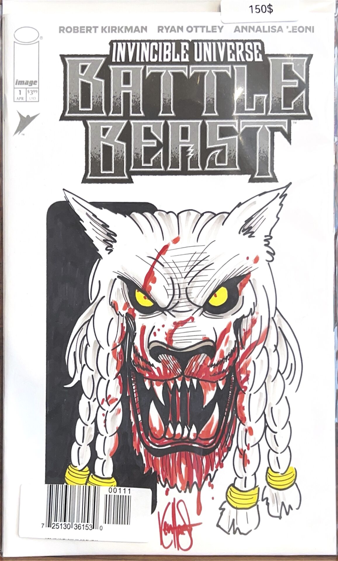 BATTLE BEAST #1 BLANK COMMISSIONED COVER ART SIGNED AND REMARKED BY KEN HAESER WITH BATTLE BEAST SKETCH