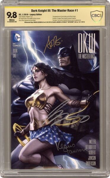 DARK KNIGHT III MASTER RACE (2015) ARTGERM EXCLUSIVE CBCS 9.8 BRIAN AZZARELLO & KLAUS JANSON & STANLEY ''ARTGERM'' LAU 3X SIGNED