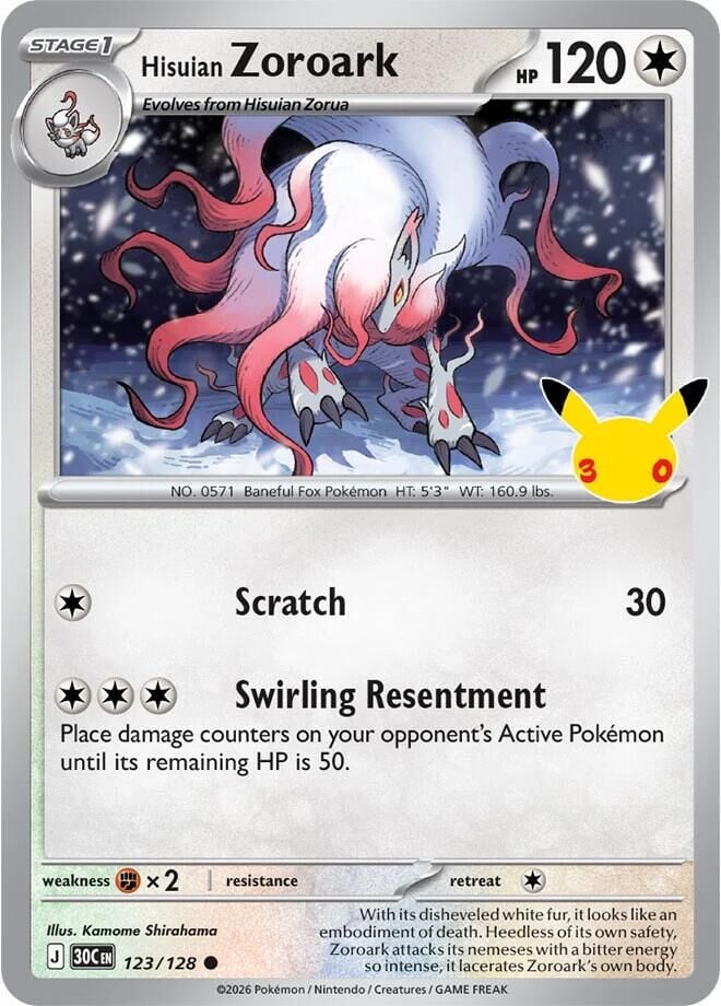 Hisuian Zoroark #123 Pokemon 30th Celebration - NM