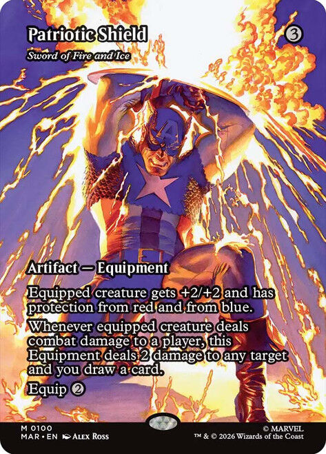 MTG MARVEL SUPERHEROES - SWORD OF FIRE (PATRIOTIC SHIELD), NON-FOIL, BORDERLESS #100